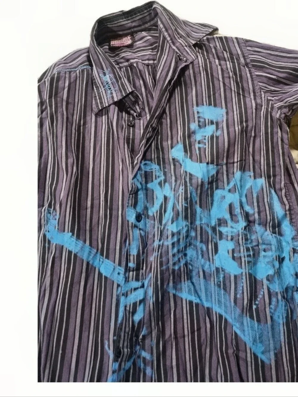 VTG Rare Jimi Hendrix Men  Black & Gray Striped ButtonDown Shirt Blue Graphic XL